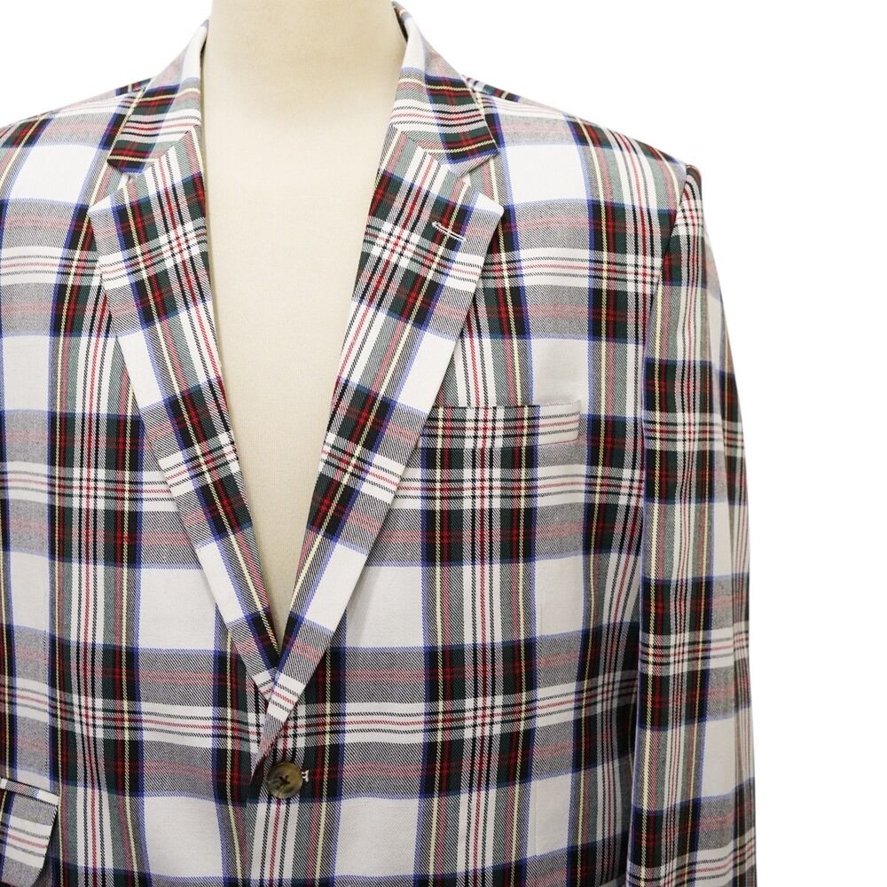 Mens 48R White Red Blue Tartan Plaid Cotton Blazer 2 Button Sport Coat Wedding - Picture 5 of 8